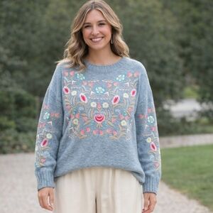 Aratta Silent Journey Gray Embroidery Crew Neck Sweater Angora Blend Size XL